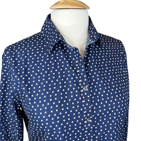 Lands' End Womens Navy Polka Dot No-Iron Supima Cotton Button-Up Shirt 10 - Picture 3 of 10